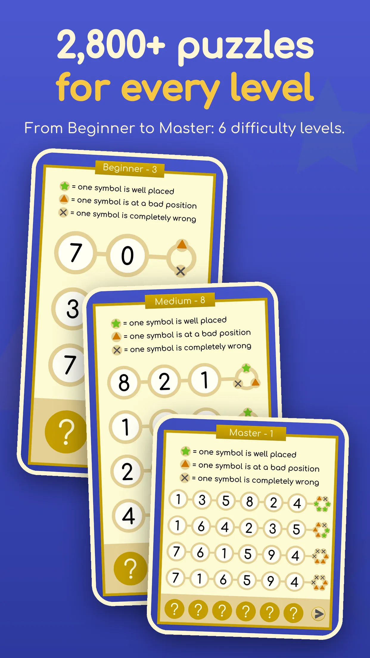 2,800+ puzzles for every level: from Beginner to Master, 6 difficulty levels.